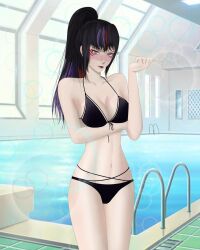 1girls alluring bikini black_and_red_and_purple_hair cleavage daigloomy kitsune_marks kunimitsu_ii kunoichi lavender_eyes namco ponytail sunlight_reflection swimming_pool tekken