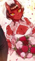 1girls 2d big_breasts blush bouquet breasts bridal_gauntlets bride bride_veil brown_hair cleavage demon demon_girl demon_horns dress female female_focus flower flowers freckles hi_res horns male married_couple meru_(merunyaa) merunyaa mole mole_under_eye official_art original original_character pointy_ears red-skinned_female red_skin safe sfw smile succubus succubus_horns wedding_dress wedding_veil wholesome yellow_eyes