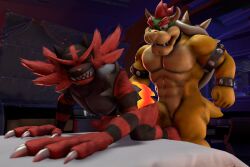 3d 3d_(artwork) anal anal_sex anthro azphyr balls bowser collar digital_media_(artwork) duo erection fur gay generation_7_pokemon genitals hair hi_res horn incineroar male male/male male_only male_penetrated male_penetrating male_penetrating_male mario_(series) muscular muscular_male nintendo nude penetration penile penis pokemon pokemon_(species) red_body red_fur sex source_filmmaker teeth