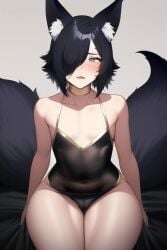 1boy ai_generated black_hair bulge crossdressing embarrassed femboy fox_ears fox_tail indoors male nixer nixer_(ai) original otoko_no_ko tagme trap virtual_youtuber vtuber