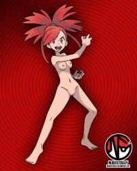 1girls abstract_background accurate_art_style barefoot breasts casual casual_nudity edit feet female female_only flannery_(pokemon) flannery_(pokemon_oras) human legs_apart naked nintendo nipples nonsexual_nudity nude nude_filter nudefilterguy official_artwork_edit pale_skin poke_ball pokemon pokemon_oras pokemon_rse pussy red_eyes red_hair smile solo