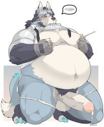 absurd_res anthro aroused balls belly big_belly big_penis blush bodily_fluids canid canine canis clothed clothing erection genital_fluids genitals hair hi_res huge_belly lactating looking_at_viewer lucusold male male_lactation mammal musclegut nipple_fetish nipple_play nipples overweight overweight_anthro overweight_male penis precum raised_clothing raised_shirt raised_topwear shirt solo topwear wolf