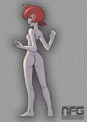 1girls abstract_background ass back_view barefoot casual casual_nudity completely_naked completely_nude completely_nude_female edit feet female female_only human mars_(pokemon) naked nintendo nonsexual_nudity nude nude_filter nudefilterguy official_artwork_edit pale_skin pokemon pokemon_dppt red_eyes red_hair short_hair sideboob solo standing team_galactic