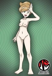 1girls 2018 abstract_background artist_logo artist_name aurea_juniper barefoot breasts casual_nudity dirty_blonde_hair edit feet female female_only game_freak green_eyes human light_brown_hair nintendo nipples nonsexual_nudity nude nude_female nude_filter nudefilterguy official_artwork_edit pokemon pokemon_bw pokemon_bw2 pokemon_professor pussy small_breasts smile solo third-party_edit waving