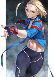 1girls belly belly_button blonde_female blonde_hair blue_eyes cammy_white female female_only fingerless_gloves fit fit_female fully_clothed gloves lips scar scar_on_face scarred_face solo street_fighter street_fighter_6 thick thick_thighs tummy yoshi55level