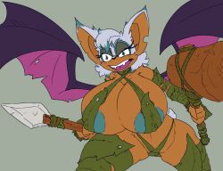 anthro areola bat big_ass big_breasts blue_areola blue_eyes breasts brown_body clothed clothing female furry hair hammer hi_res huge_breasts imric1251 inner_sideboob large_breasts mammal melee_weapon nipples_visible_through_clothing no_bra partially_clothed polearm prim_rouge pussy_visible_through_clothes rouge_the_bat sega sideass sideboob simple_background solo sonic_(series) sonic_prime sonic_the_hedgehog_(series) spear tools weapon white_hair wings