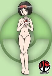 1girls abstract_background accurate_art_style barefoot black_hair breasts brown_eyes casual casual_nudity edit erika_(pokemon) feet female female_only hairband headband human naked nintendo nipples nonsexual_nudity nude nude_filter nudefilterguy official_artwork_edit pale_skin poke_ball pokemon pokemon_rgby pussy smile solo