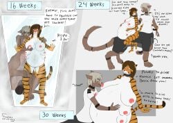 absurd_res anthro balls breastfeeding breasts cougar dialogue duo embrace felid feline female gamal genitals herm hi_res hug intersex intersex/female keemir_(gamal) mammal milk multi_breast pantherine pregnant pregnant_female progression rebecca_skies shower showering_together size_difference speech_bubble taur tiger