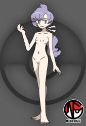 1girls abstract_background anabel_(pokemon_sm) barefoot breasts casual casual_nudity edit feet female female_only human lavender_hair naked nintendo nipples nonsexual_nudity nude nude_filter nudefilterguy official_artwork_edit pale_skin poke_ball pokemon pokemon_sm purple_eyes pussy small_breasts smile solo standing