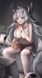 1girls 2023 ahoge arknights bare_legs breasts couch food gray_hair horn horns large_breasts long_hair matoimaru_(arknights) navel nipples noodles open_mouth pointy_ears shorts sitting smile television topless very_long_hair wholesome wuzhihuijia