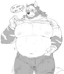 absurd_res anthro big_breasts bodily_fluids breasts bulge clothed clothing dialogue hi_res looking_at_viewer lucusold male male_only moobs overweight overweight_anthro overweight_male raised_clothing raised_shirt raised_topwear shirt shy solo sweat thick_thighs topwear