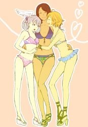 3girls bikini bikini_skirt blonde_hair blue_bikini blue_eyes blue_swimsuit bracelet breasts brown_hair closed_eyes fiora_(xenoblade) green_bikini_bottom grey_hair hair_curl halter_bikini halterneck hand_on_hip happy head_wings high_heel_sandals hugging large_breasts long_hair medium_breasts melia_antiqua midriff navel nintendo o-ring_bikini o-ring_swimsuit painted_toenails pink_bikini pink_swimsuit poncotsu-scooter purple_bikini purple_swimsuit sandals sharla_(xenoblade) short_hair small_breasts smiling swimsuit swimsuit_skirt xenoblade_(series) xenoblade_chronicles