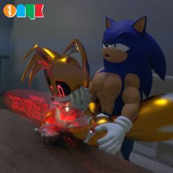 3d 3d_(artwork) abs anthro bara blender buff couch cum cum_inside error furry gay inflation male/male metal_tails milking_machine muscles muscular muscular_male nipples onyxsplash pecs pubes robot six_pack sonic_(series) sonic_the_hedgehog table tails watermark