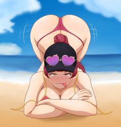 1girls baseball_cap beach big_ass big_breasts bikini cf900 face_down_ass_up full_color hat heterochromia hololive hololive_fantasy hololive_japan houshou_marine leaning_forward looking_at_viewer ponytail red_hair seductive seductive_look shaking_butt smug smug_grin sunglasses sunglasses_on_head tongue_out virtual_youtuber ych