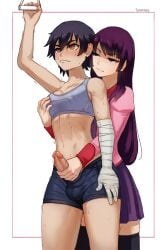 1futa 1girls absurdres arm_up artist_name balls bandaged_arm bandages black_hair black_shorts black_thighhighs blue_eyes breast_grab breasts closed_mouth clothed clothing covered_testicles duo erection female from_behind fully_clothed futa_on_female futa_with_female futanari futasub grabbing grabbing_from_behind grey_tank_top hair_between_eyes handjob highres human kanbaru_suruga light-skinned_female light-skinned_futanari light_skin long_hair long_sleeves looking_at_another medium_breasts monogatari_(series) mostly_clothed multiple_girls penis penis_out pink_shirt precum purple_hair purple_skirt reach-around reach_around senjougahara_hitagi seraziel shirt short_hair shorts skirt standing tank_top thighhighs uncensored white_background yellow_eyes