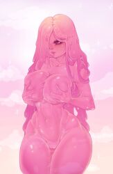 1girls big_breasts breasts_grab eyelashes female female_only grabbing_own_breasts hair_over_one_eye hi_res legs_together liokko_mao long_hair monster_girl narrowed_eyes nude nude_female pink_body pink_eyes pink_slime pussy slime slime_girl solo thick_thighs wide_hips