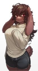 1girls anthro big_breasts bini_(woobin94) breasts brown_fur brown_hair female female_only fur furry furry_only hi_res leporid long_hair looking_at_viewer messy_hair rabbit rabbit_ears rabbit_tail red_eyes schewiener shorts solo sweater white_background