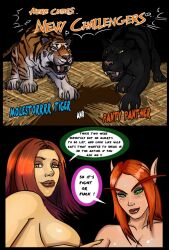 2animals blizzard_entertainment blood_elf brown_hair comic comic_page darkmoon_faire dialogue elly_(mirroruniverse) green_eyes human human_(world_of_warcraft) light-skinned_female light_skin original_character panther red_hair shina tiger tyurru warcraft world_of_warcraft zoophilia