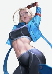 1girls artist_name belly belly_button blonde_female blonde_hair cammy_white female female_only fully_clothed hips jacket pose posing scar scar_on_face scarred scarred_face scars solo sports_bra sports_uniform sportswear street_fighter street_fighter_6 stretching tagme tagme_(artist) thick thin thin_waist tight_clothes tight_clothing tights tummy zomayuan