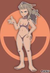 1girls abstract_background accurate_art_style barefoot breasts casual_nudity dirty_blonde_hair earrings edit feet female female_only green_eyes hair_ornament hand_on_hip human light_brown_hair nail_polish naked nintendo nipples nude nude_filter nudefilterguy official_artwork_edit pokemon pokemon_sv professor_sada_(pokemon) pussy shaved_pussy smile solo