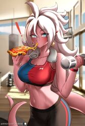 ! android_21 android_21_(good) blue_eyes clothed dragon_ball dragon_ball_fighterz dragon_ball_z eating gym looking_at_viewer majin majin_android_21 peabean pink_body pink_skin pizza sweat towel_around_neck weightlifting weights white_hair workout_clothes