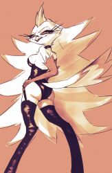 anthro ass avian bird black_clothing black_leggings black_legwear clothing collar crown demon dovne female fur hair headgear helluva_boss hi_res leggings legwear leotard long_hair looking_back orange_background orange_eyes owl owl_demon raised_tail simple_background smile solo standing stella_(helluva_boss) tail white_body white_fur white_hair