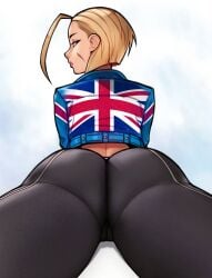 1girls ass ass_focus big_ass big_butt blonde_hair blue_eyes cameltoe cammy_white clothed clothing dat_ass female female_only fully_clothed large_ass loodncrood looking_at_viewer looking_back pants short_hair simple_background solo solo_female street_fighter street_fighter_6 union_jack white_background