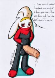 absurd_res anthro anthro_only balls big_eyes big_penis blue_outline bodily_fluids clothing cream_fur english_text foreskin front_view full_body fur generation_8_pokemon genitals hands_in_pockets hi_res huge_cock humiliation lagomorph long_ears long_foreskin loose_foreskin male male_only mammal nintendo outline paws penis penis_cutout pokemon pokemon_(species) precum rabbit rabbit_boy rabbit_ears raboot red_eyes rotten_owl signature simple_background small_but_hung small_dom smug solo thick_foreskin traditional_media_(artwork) urethra white_background white_body white_fur