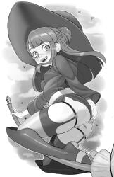 1girls akko_kagari anus ass bottomless broom broom_riding female flying greyscale little_witch_academia long_hair luenartt midair monochrome pussy sex_toy small_breasts solo upskirt witch witch_hat