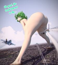 1girls 3d airplane annoyed ass ass_focus bent_over bored city city_destruction destruction dialog dialogue female fighter_jet giantess hands_on_knees jet kamicamie one-punch_man tatsumaki text