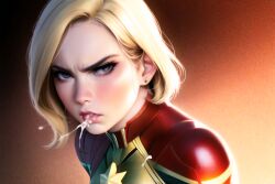 ai_generated angry angry_eyes blonde_hair blue_eyes captain_marvel carol_danvers disgusted disgusted_look human human_only light-skinned_female light_skin looking_at_viewer marvel spitting_cum superheroine