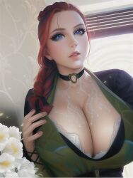 1girls ai_generated blue_eyes breasts choker cleavage cum cum_on_breasts female female_only large_breasts looking_at_viewer original pureruby87 red_hair solo svenbode1