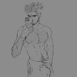 abs beard biceps bulge bulge_through_clothing bushy_eyebrows gay hairy_abs hairy_armpit hairy_armpits hairy_arms hairy_chest hairy_hands hairy_male hairy_pecs happy_trail holding_phone hunk itachi_zametora male_only messy_hair muscular muscular_male pecs selfie stubble towel towel_around_waist towel_only yandere_simulator