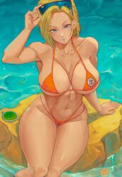 1girls absurd_res android_18 bikini bikini_top blonde_hair breasts cleavage cutesexyrobutts_(style) dragon_ball dragon_ball_z female female_only fully_clothed high_resolution hips huge_breasts large_breasts lesottart light_skin looking_at_viewer orange_bikini outdoors revealing_clothes short_hair solo thick_thighs thighs wide_hips