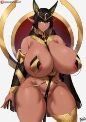 1girls animal_ears batako bikini black_hair breasts dark_elf egyptian elf elf_ears elf_female female green_eyes high_resolution huge_breasts impossible_clothes last_origin long_ears long_hair massive_breasts pasties pointy_ears sekhmet_of_death thick_thighs thighs venus_body voluptuous wide_hips