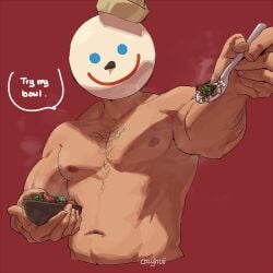 body_hair chest_hair colored cozyhuii dad_bod daddy english_text food hi_res highres jack_box jack_in_the_box looking_at_viewer male_only mascot mask masked masked_male muscular muscular_arms muscular_male nude pecs pectorals point_of_view pov solo solo_male tummy upper_body viewer_perspective viewer_pov