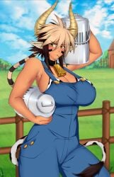 1girls animal_ears armpits big_breasts blush cathyl_(monster_musume) clothed clothes clothing cow_girl cowbell female fully_clothed horns huge_breasts large_breasts lindaroze minotaur_girl monster_girl monster_musume_no_iru_nichijou outdoors outside overalls solo standing tail tan_body tan_skin tanned_skin thick_thighs thighs