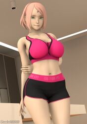 1girls 3d alternate_version_at_source alternate_version_available big_breasts boruto:_naruto_next_generations dante656565 female female_only fit_female fitness girl green_eyes kitchen large_breasts looking_at_viewer medium_hair milf naruto naruto_(series) pink_hair sakura_haruno shorts smile solo source_filmmaker sports_bra sportswear thick_thighs voluptuous workout_clothes yoga yoga_shorts