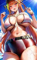 ai_generated arms_behind_head arms_up big_breasts bikini bikini_top hololive kiryu_coco large_breasts massive_breasts open_mouth orange_hair sweat sweatdrop thick_thighs underboob virtual_youtuber yo_dayo_(ai)