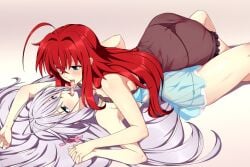 2girls ass_cleavage blue_eyes breast_press breasts butt_crack female female_only high_school_dxd kissing lindaroze lingerie long_hair multiple_girls panties red_hair rias_gremory rossweisse see-through see-through_clothing see-through_lingerie silver_hair yuri