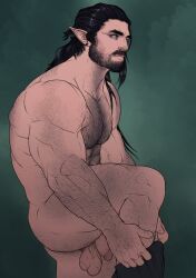 1boy abs arm_hair balls ballsack bara beard beefy black_hair body_hair chest_hair dangling_testicles dressing ear_piercing elf facial_hair flaccid_penis from_side green_eyes hair_slicked_back hairless_balls hairy_male highres humanoid humanoid_penis large_pectorals leg_hair long_hair_male looking_at_viewer low_hanging_balls male male_only masculine mature_male movd_art muscles muscular_male mustache nude_male original pecs pectorals penis piercing pointy_ears scrotum solo stomach testicles thick_thighs thighs uncensored veiny_arms veiny_penis veiny_testicles