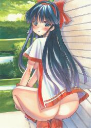 1girls ainu_clothes ass big_ass blue_eyes blue_hair breasts female female_only hair_ribbon huge_ass legs long_hair looking_at_viewer medium_breasts nakoruru no_bra no_panties samurai_shodown snk solo squatting thighs tomoeri traditional_media traditional_media_(artwork)