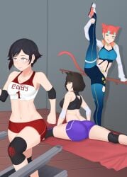 1futa 2girls big_ass big_breasts blake_belladonna breasts clothed clothing exercise female fully_clothed futanari gradient_legwear gym_uniform human light-skinned_female light-skinned_futanari light_skin neon_katt neovixtadiz ruby_rose rwby standing vertical_splits