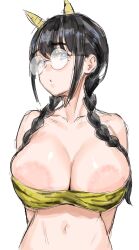 1girls areola_slip big_breasts black_hair chinpokonyan female female_only glasses huge_breasts kuppipi_ramutarou massive_breasts pov pov_eye_contact solo solo_female solo_focus twin_braids