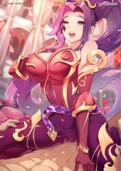 1boy 1girls :d abs artist_name bangs bare_shoulders blurry blurry_background bodysuit breasts cleavage cowgirl_position darklux female grey_hair hand_up highres large_breasts league_of_legends long_hair male mythmaker_series mythmaker_sivir_prestige_edition parted_hair petals pink_hair ponytail prestige_skin purple_hair red_bodysuit red_eyes shiny_clothes shiny_skin sitting sivir smile straight teeth tongue upper_teeth_only very_long_hair