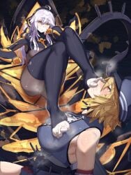 2girls drool drooling feet feet_sniff female female_only femdom foot_lick foot_sniffing kikimifukuri lezdom licking licking_foot multiple_girls orange_eyes pale_skin pale_skinned_female silver_hair steam steaming_body warship_girls_r yuri