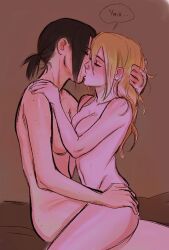 2girls attack_on_titan blonde_hair blush breasts brown_hair christa_lenz closed_eyes completely_nude english_text female_only freckles gamine_shh hand_in_another's_hair hand_on_another's_shoulder hand_on_another's_thigh historia_reiss kissing light-skinned_female passionate romantic shingeki_no_kyojin softcore speech_bubble straddling sweat tenderness wholesome ymir_(shingeki_no_kyojin) yuri