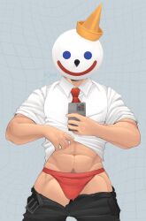 1boy abs balls bara briefs buff bulge color colored faceless_male flaccid hi_res hidden_face highres jack_box jack_in_the_box looking_at_viewer male male_focus male_only mascot mask masked masked_male mirror_selfie mr_sharky muscles muscular muscular_arms muscular_legs muscular_male object_head pants pants_down pants_open phone pubes pubic_hair selfie shirt shirt_lift solo solo_focus solo_male underwear