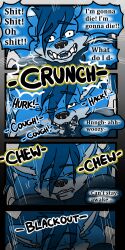 absurd_res anthro bear biped bite blood bodily_fluids canid chewing cobalt_(tatsuchan18) comic coughing dialogue duo english_text fainting fatal_vore fur hi_res imminent_death male mammal panicking scared sound_effects speech_bubble tatsuchan18 teeth text text_box vore