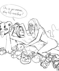 2girls attack_on_titan blush breast_press christa_lenz english_text female_only female_pubic_hair gamine_shh historia_reiss humor imminent_sex pout pubic_hair shingeki_no_kyojin sketch speech_bubble stuffed_animal wholesome ymir_(shingeki_no_kyojin) yuri